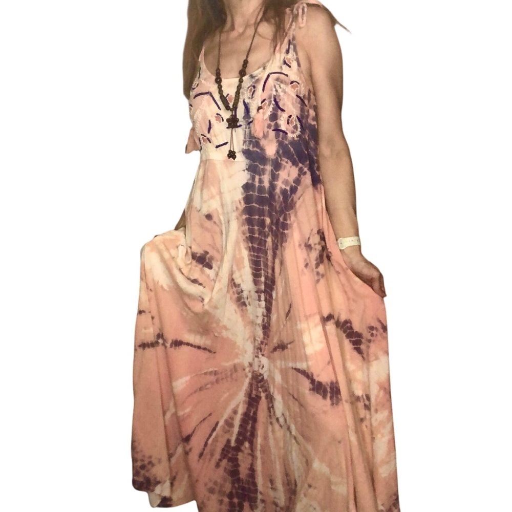 Made In India Boutique Maxi Dress Tie Dye Free Size Embroidered Boho Beachy